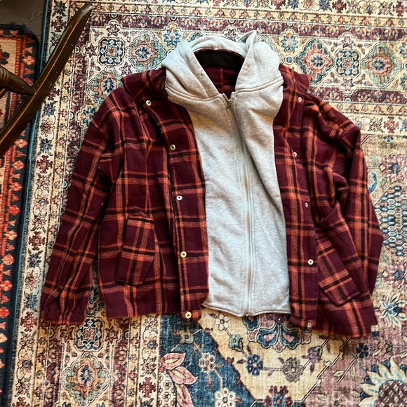 EUC Fashion on Earth maroo orange plaid & grey hoodie layer oversized jacket, M - Picture 4 of 6